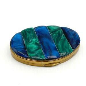 Lucite Compact Blue Green Marbled Vintage Art Deco Inspired Stripe Makeup Case‎